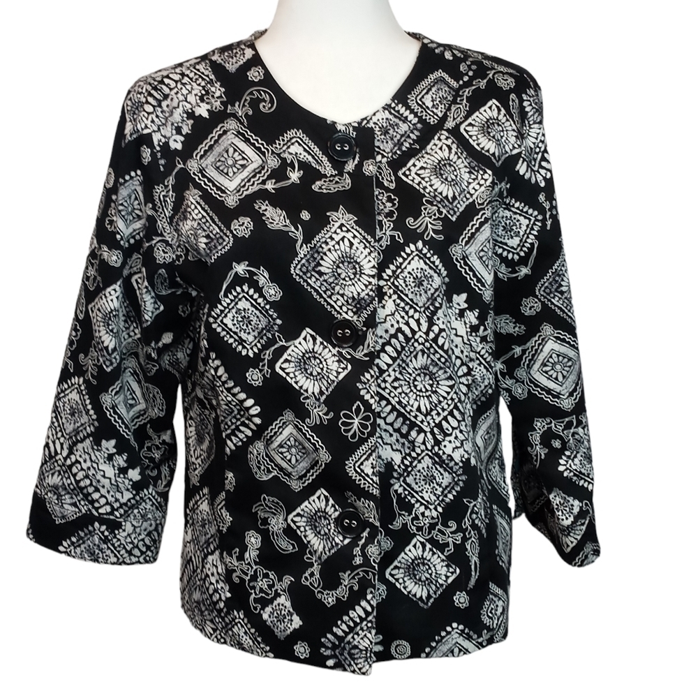 Coldwater Creek black white pattern button up lightweight jacket size 12